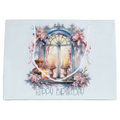 ハッピーバースデーウィンターブルーピンクビクトリアンの窓 ラージペーパーバッグ (正面)