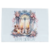 ハッピーバースデーウィンターブルーピンクビクトリアンの窓 ラージペーパーバッグ (裏面)
