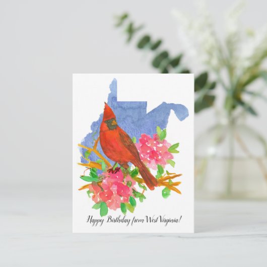 ハッピーバースデーウェストバージニア（鳥）ショウジョウコウカンチョウ花 ポストカード (スタンド正面)