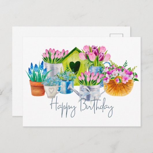ハッピーバースデーウォーターカラーガーデンフラワーズチューリップ ポストカード (正面/裏面)