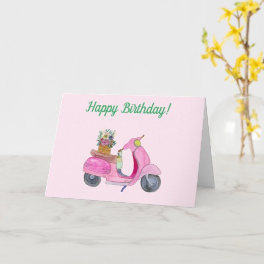 ハッピーバースデーウォーターカラースクーター花&ワイン カード (黄色い花)