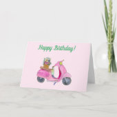 ハッピーバースデーウォーターカラースクーター花&ワイン カード (正面)