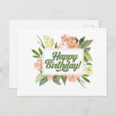 ハッピーバースデーウォーターカラーパステルピンクの花 ポストカード (正面/裏面)