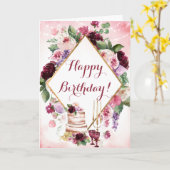 ハッピーバースデーウォーターカラーボホフローラワイン金ゴールド カード (黄色い花)