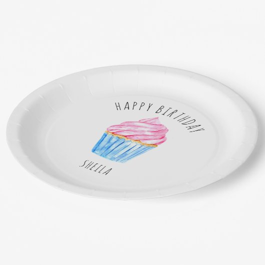 ハッピーバースデーウオータカラーカップケーキかわいいピンク色のアイシング ペーパープレート (アングル)