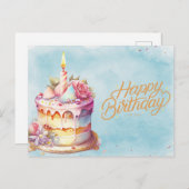 ハッピーバースデーウオーターカラーケーキ花付き ポストカード (正面/裏面)