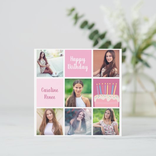 ハッピーバースデーウメンズフォトコラージュカスタムピンク カード (スタンド正面)