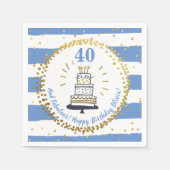 ハッピーバースデーエイジブルーホワイトと金ゴールドグリッター スタンダードカクテルナプキン (正面)