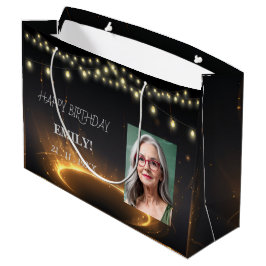 ハッピーバースデーエレガントブラックパーティーシモダンック ラージペーパーバッグ