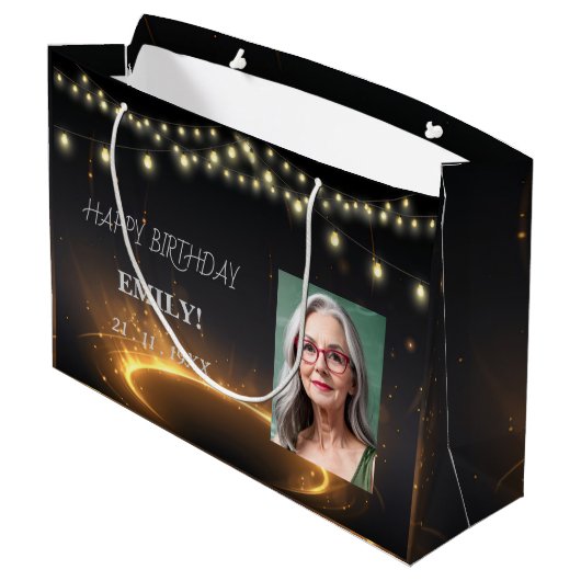 ハッピーバースデーエレガントブラックパーティーシモダンック ラージペーパーバッグ (裏面アングル)