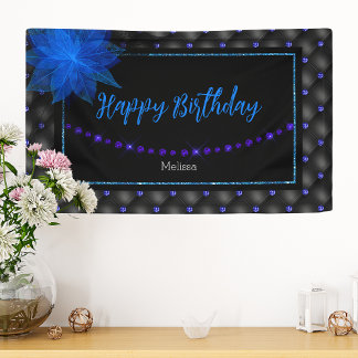 ハッピーバースデーエレガントブルーとブラックバナー 横断幕