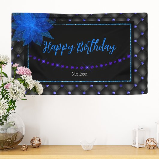 ハッピーバースデーエレガントブルーとブラックバナー 横断幕