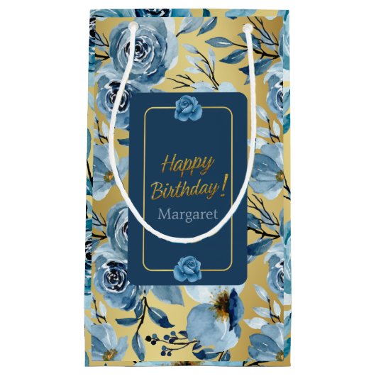 ハッピーバースデーエレガントブルーバラフローラカスタマイズ スモールペーパーバッグ (正面)