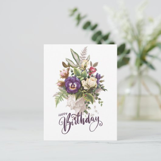 ハッピーバースデーエレガントヴィンテージフローラブーケ ポストカード (スタンド正面)