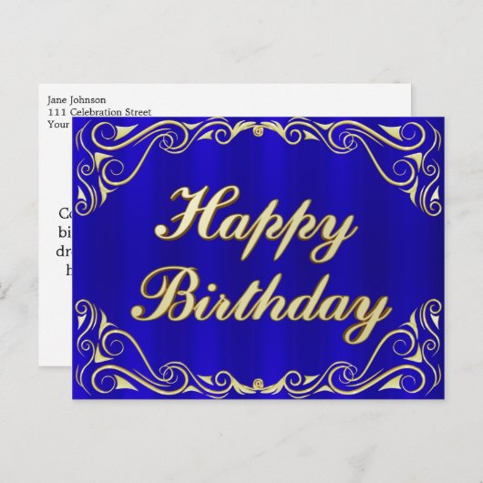 ハッピーバースデーエレガント正規金ゴールドグリーティングカード 案内ポストカード (正面/裏面)