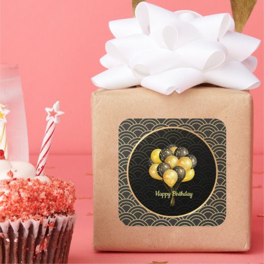 ハッピーバースデーエレガント、黒と金ゴールド スクエアシール (パーティー)
