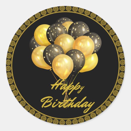 ハッピーバースデーエレガント、黒と金ゴールド ラウンドシール (正面)