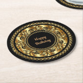 ハッピーバースデーエレガント、黒と金ゴールド ラウンドペーパーコースター (アングル)