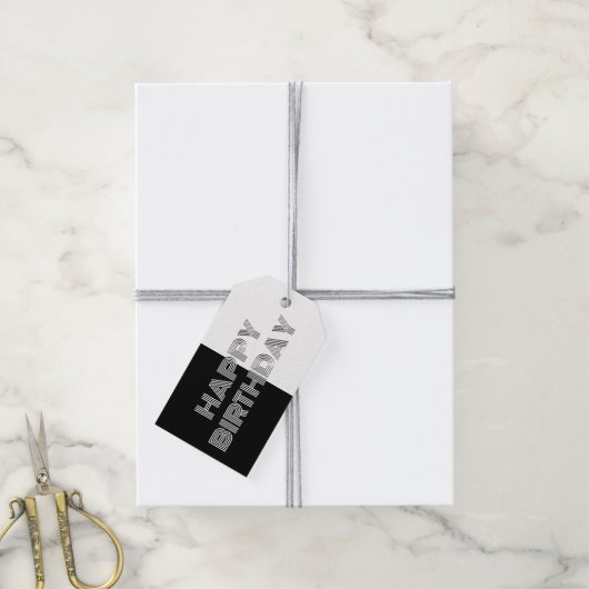 ハッピーバースデーオペアートミニマル白黒スタイリッシュ ギフトタグ (より糸付き)