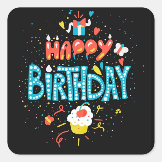 ハッピーバースデーオンブラック スクエアシール (正面)