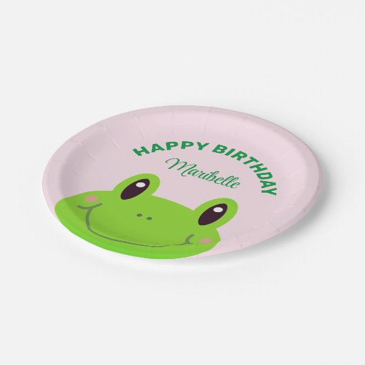 ハッピーバースデーカエルかわいいピンク ペーパープレート (アングル)