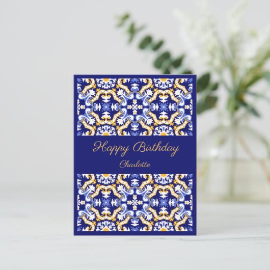 ハッピーバースデーカスタマイズ可能な青のアズレホス ポストカード (スタンド正面)
