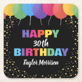 ハッピーバースデーカスタムの年齢の名前のブカラフルルーン スクエアペーパーコースター (正面)