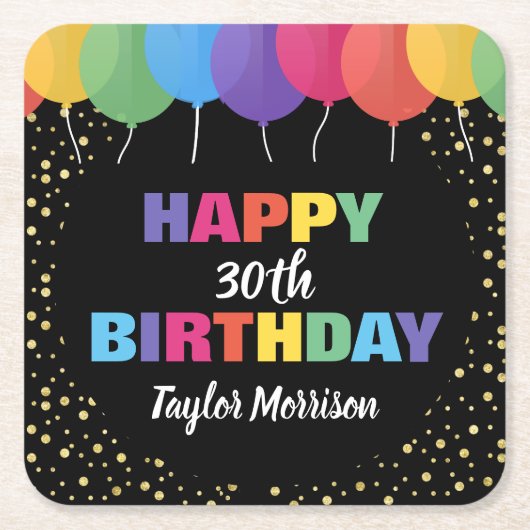ハッピーバースデーカスタムの年齢の名前のブカラフルルーン スクエアペーパーコースター (正面)