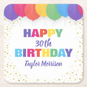 ハッピーバースデーカスタムの年齢の名前のブカラフルルーン スクエアペーパーコースター (正面)