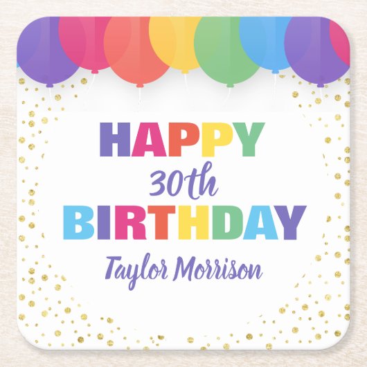 ハッピーバースデーカスタムの年齢の名前のブカラフルルーン スクエアペーパーコースター (正面)
