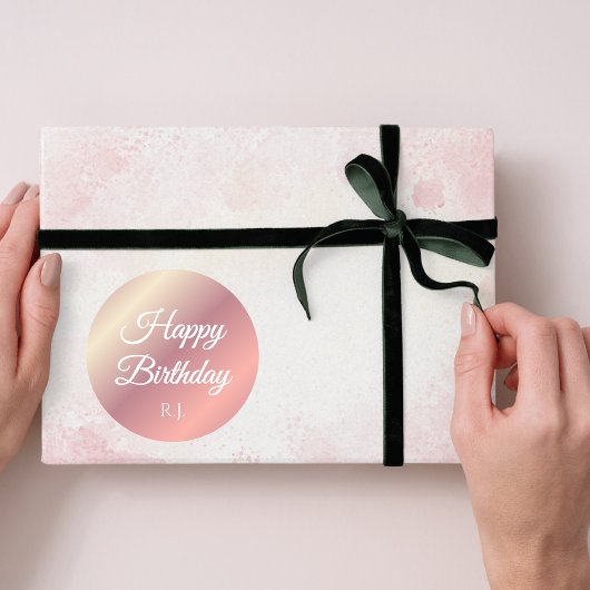 ハッピーバースデーカスタムイニシャルピンクステッカー ラウンドシール