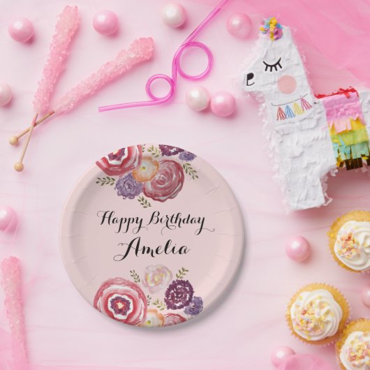 ハッピーバースデーカスタムピンクフラワー紙プレート ペーパープレート (パーティー)