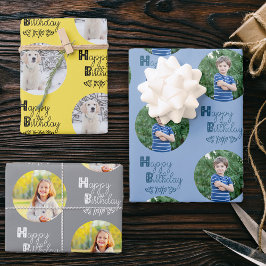 ハッピーバースデーカスタムフォトセット（3ブルーイエロー） ラッピングペーパーシート