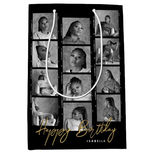 ハッピーバースデーカスタムフォトフィルムストリップブラック ミディアムペーパーバッグ (正面)