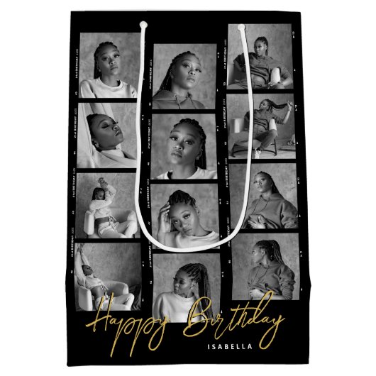 ハッピーバースデーカスタムフォトフィルムストリップブラック ミディアムペーパーバッグ (裏面)