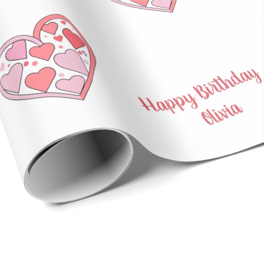 ハッピーバースデーカスタム文字陽気ピンクハート ラッピングペーパー (ロールコーナー)