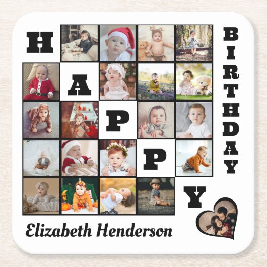ハッピーバースデーカスタム21フォトコラージギフト スクエアペーパーコースター (正面)