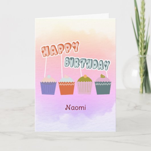 ハッピーバースデーカップクッキーオンウォーター色ピンクカスタム カード (正面)