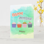 ハッピーバースデーカップケーキオンウォーターカラーブルーカスタム カード (黄色い花)