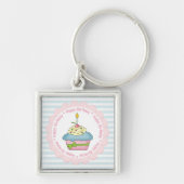 ハッピーバースデーカップケーキストライプブルーのピンク キーホルダー (正面)