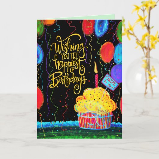 ハッピーバースデーカップケーキバルーンろうそくおもしろい カード (黄色い花)