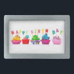 ハッピーバースデーカップケーキ 長方形ベルトバックル<br><div class="desc">祝誕生日フェスティバル、甘い、カップケーキ写真を持つ子供/大人。おもしろいとカラフル</div>