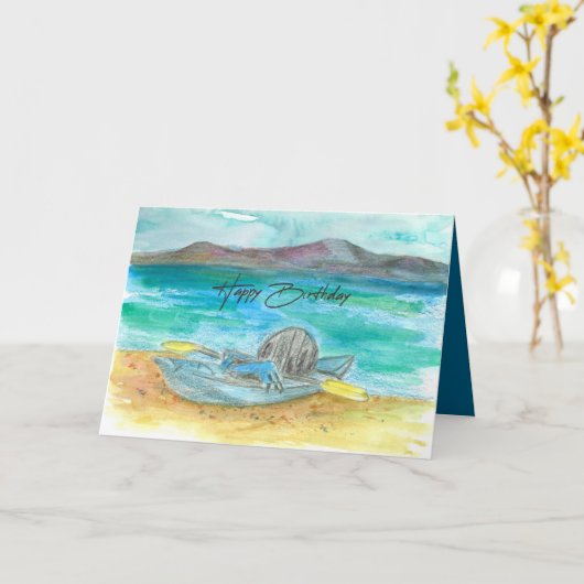 ハッピーバースデーカヤックマウンテンレイクビーチウォーター カード (黄色い花)