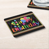ハッピーバースデーカラフルお祝い スクエアペーパーコースター (アングル)