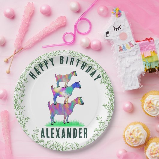 ハッピーバースデーカラフルのヤギと葉 ペーパープレート (パーティー)