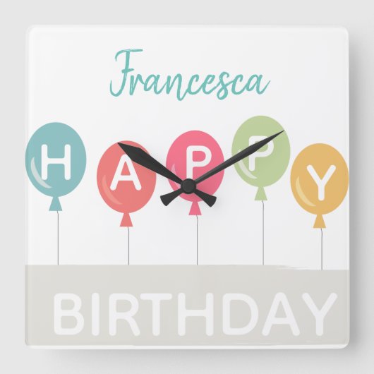 ハッピーバースデーカラフルバルーン名前をカスタムする スクエア壁時計 (正面)