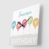 ハッピーバースデーカラフルバルーン名前をカスタムする スクエア壁時計 (傾斜)