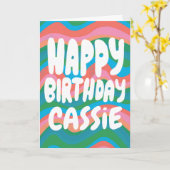 ハッピーバースデーカラフルピンクグリストライプーンカスタム カード (黄色い花)