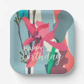 ハッピーバースデーカラフルピンクマグノリア抽象芸術 ペーパープレート (正面)