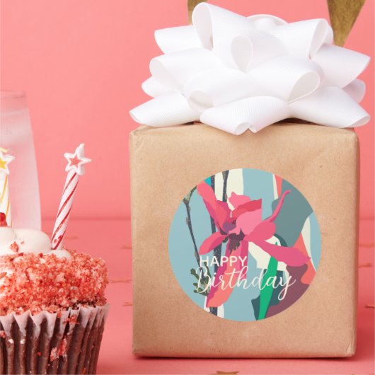ハッピーバースデーカラフルピンクマグノリア抽象芸術 ラウンドシール (パーティー)